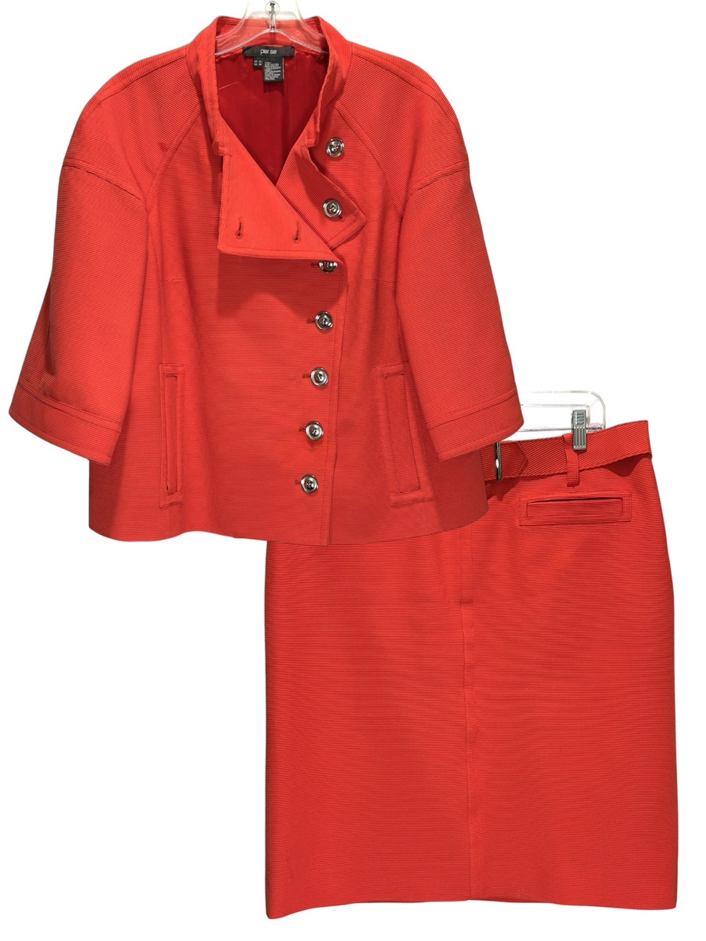 Per Se Orange Cotton Blend Ribbed Jacket & Skirt Set - Size 14